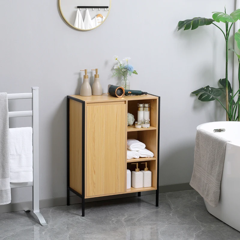 kleankin Armário Auxiliar Casa de Banho com 1 Porta e 3 Prateleiras Abertas Móvel Auxiliar Estilo Industrial 60x28x80cm Carvalho