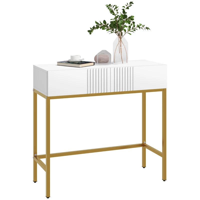 HOMCOM Table console console meuble avec 2 tiroirs base en acier avec pieds antidérapants 80 x 31,5 x 75 cm blanc