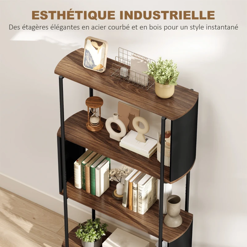 HOMCOM Étagère de rangement, bibliothèque à 4 niveaux avec panneaux latéraux incurvés, cadre en acier, 80x30x141cm, marron