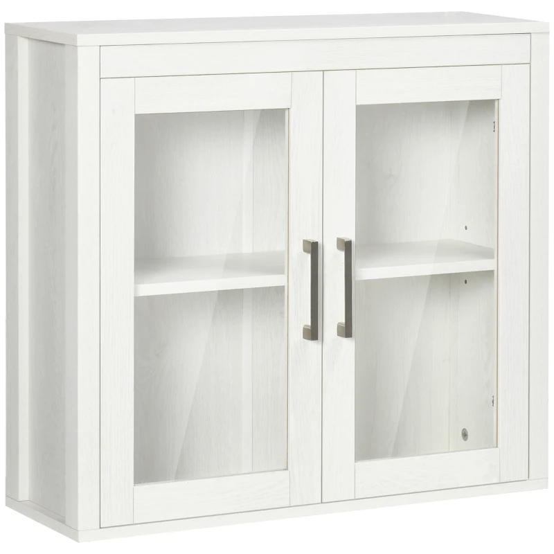 kleankin Armário Casa de Banho de Parede com 2 Portas de Vidro e Prateleira Móvel Suspenso de Casa de Banho 60x19,5x54cm Branco