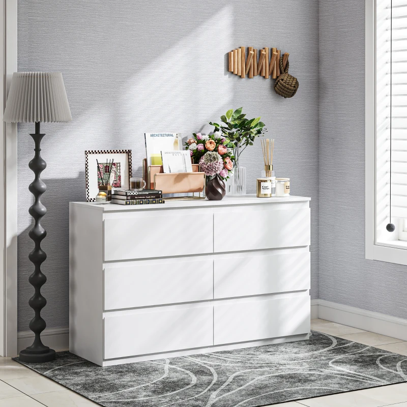 HOMCOM Commode 6 tiroirs meuble de rangement sans poignées design minimaliste 120 x 39 x 75 cm blanc