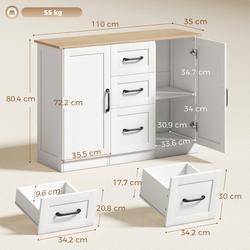 HOMCOM Buffet salon, meuble de rangement avec 2 portes à fermeture douce et 3 tiroirs, 110x35x80,4cm, blanc et bois naturel