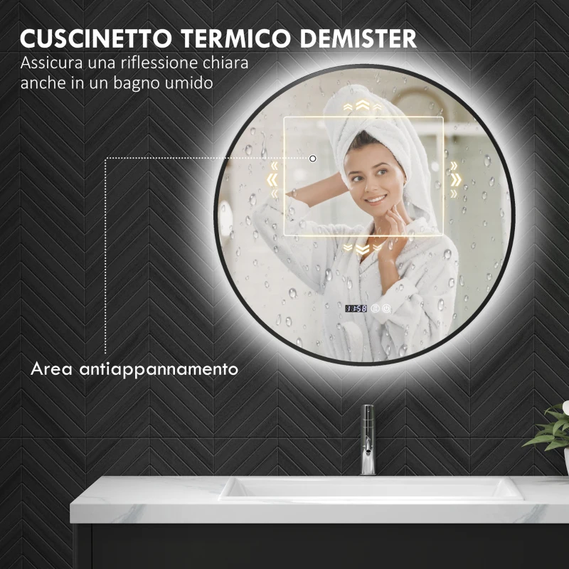 HOMCOM Specchio Bagno con Luce LED Regolabile, Antiappannamento e Display Tempo e Temperatura, Ø70 cm, Nero