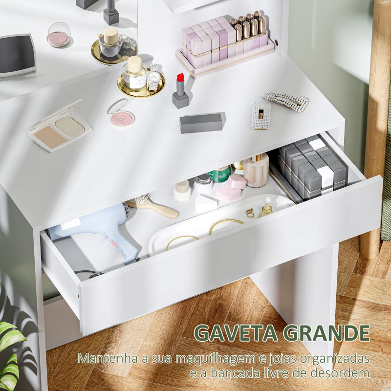 HOMCOM Toucador de Maquilhagem com Espelho Mesa de Maquilhagem com Gaveta e Prateleiras Abertas  75x40x137 cm Branco