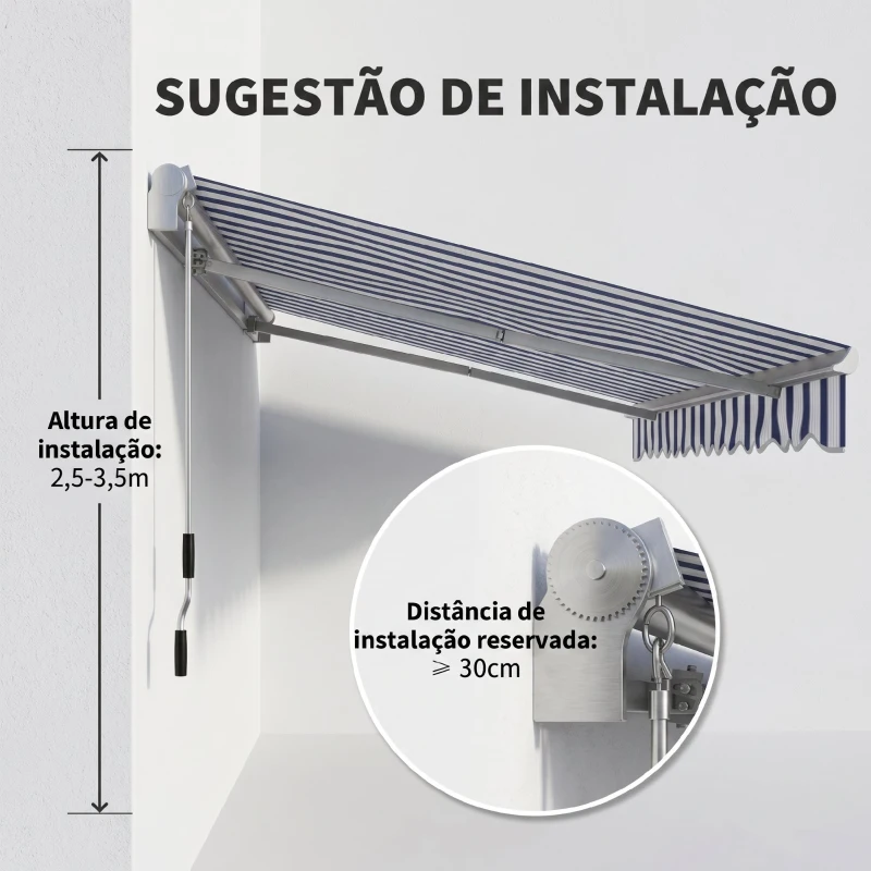 Outsunny Toldo Manual Retrátil 395x245 cm Ângulo Ajustável Braço Articulado Anti-UV e Impermeável Montagem na Parede Azul e Branco