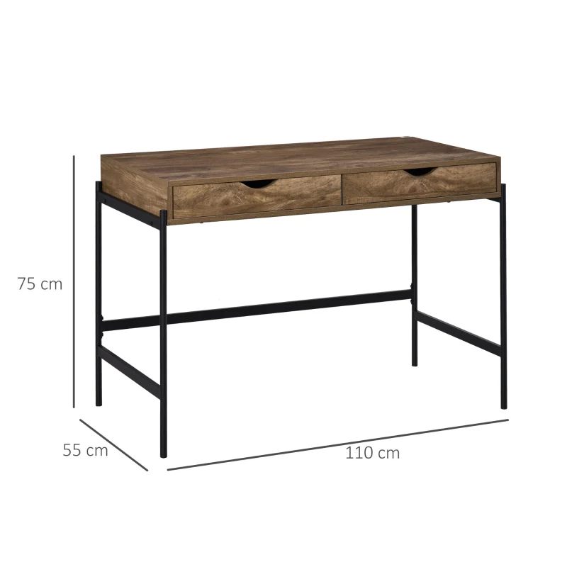 HOMCOM Scrivania Moderna Stile Industriale con 2 Cassetti per Camera e Ufficio, Metallo e MDF, 110x55x75cm, Nero Marrone
