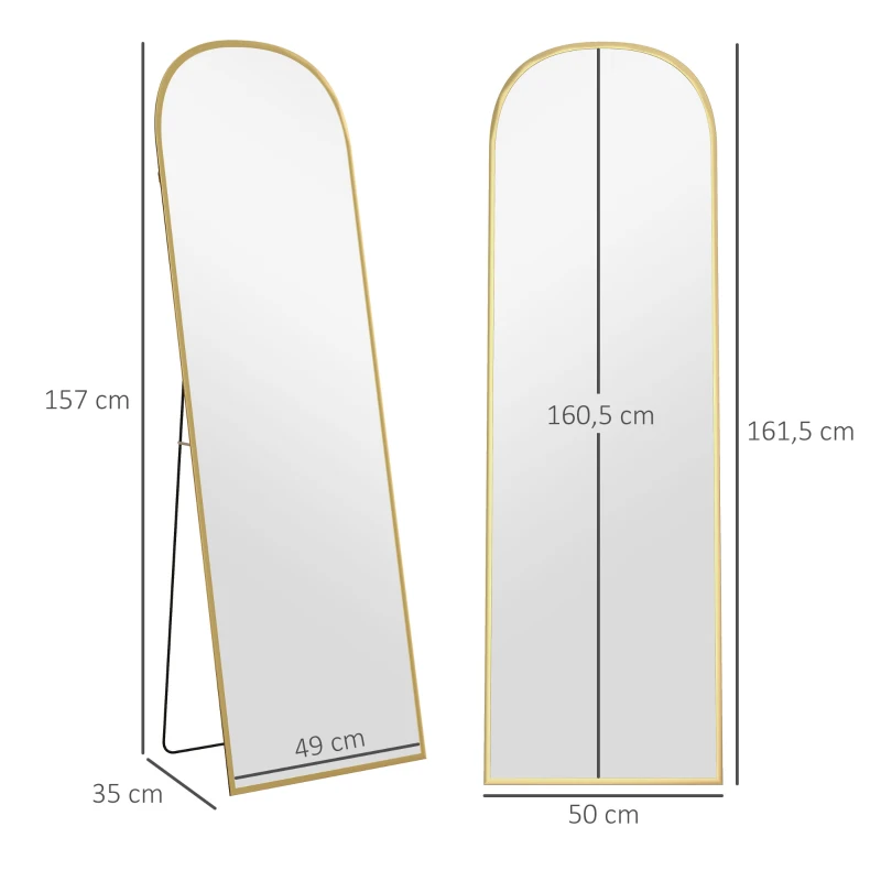HOMCOM Specchio da Terra e Parete Moderno in Lega di Alluminio con Supporto Pieghevole, 50x161.5 cm, Oro