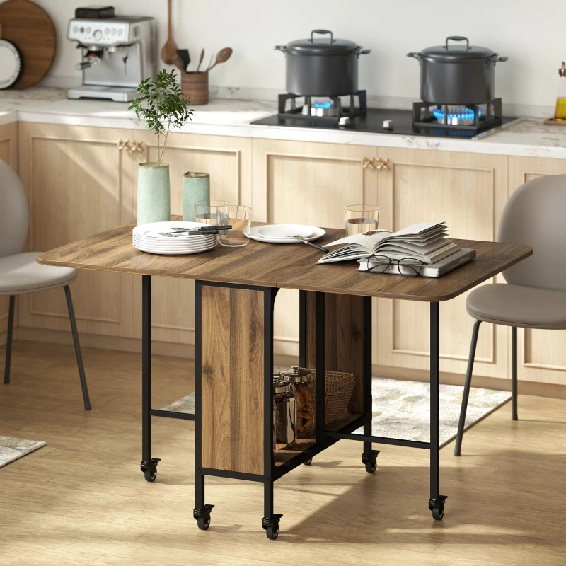 HOMCOM HOMOM Mesa de Cozinha Dobrável Mesa de Refeição Dobrável com Rodas Laterais Abatíveis e Prateleira Mesa Dobrável para Sala de Jantar 130x80x74 cm Marrom