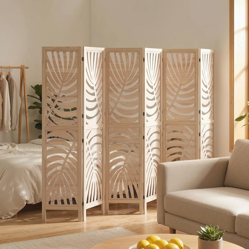 HOMCOM Paravent interieur en bois 6 panneaux 240 x 170 cm, pliable et portable, motif de feuille, design amovible, bois naturel