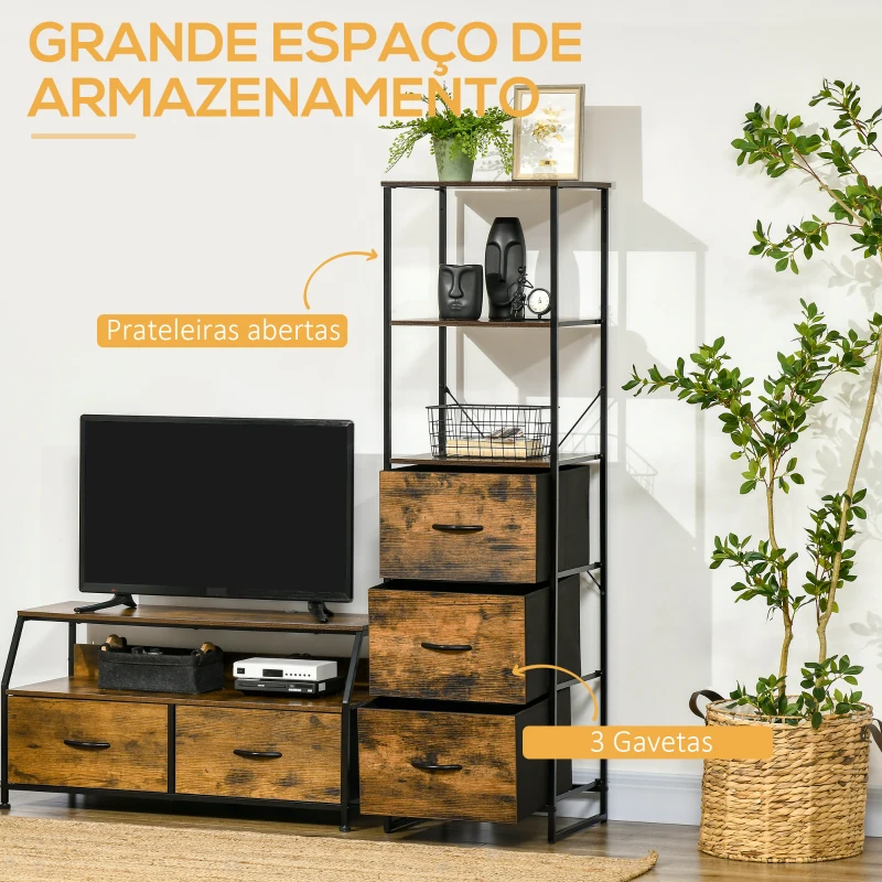 HOMCOM Armário com 3 Gavetas de Tecido Dobráveis e 2 Prateleiras Abertas Armário Multifuncional 44x40x155cm Marrom Rústico