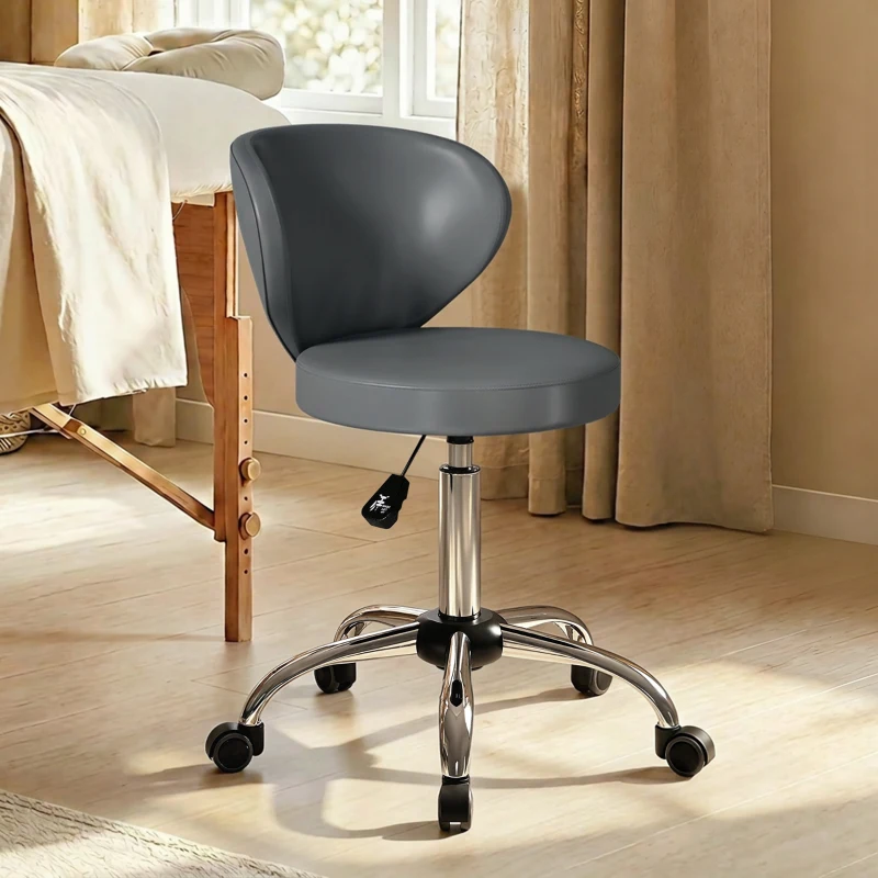 HOMCOM Tabouret à roulettes, tabouret de massage en PU avec hauteur réglable 73-88 cm et dossier, pivotant 360°, gris