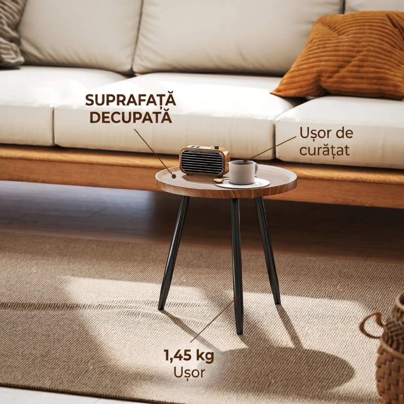 HOMCOM Măsuță de Cafea Rotundă cu Margine Ridicată și 3 Picioare, din Lemn și Oțel, Ø40x39 cm, Negru și Culoare Lemn