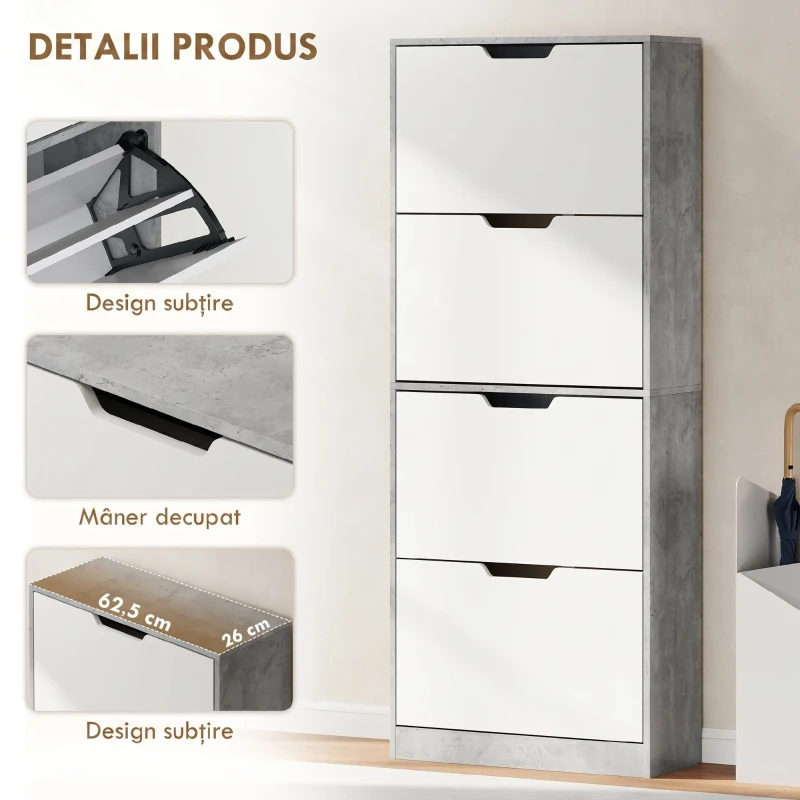 HOMCOM Dulap pentru Pantofi, Economisitor de Spațiu, Modern, cu 4 Uși, pentru 16 Perechi de Pantofi, 62.5x26x156 cm, Gri Ciment