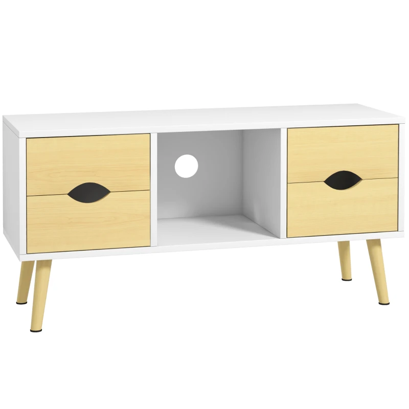 HOMCOM Meuble TV jusqu'à 40 pouces pieds en bois massif 4 tiroirs 1 niche centrale 90 x 30 x 46 cm naturel blanc