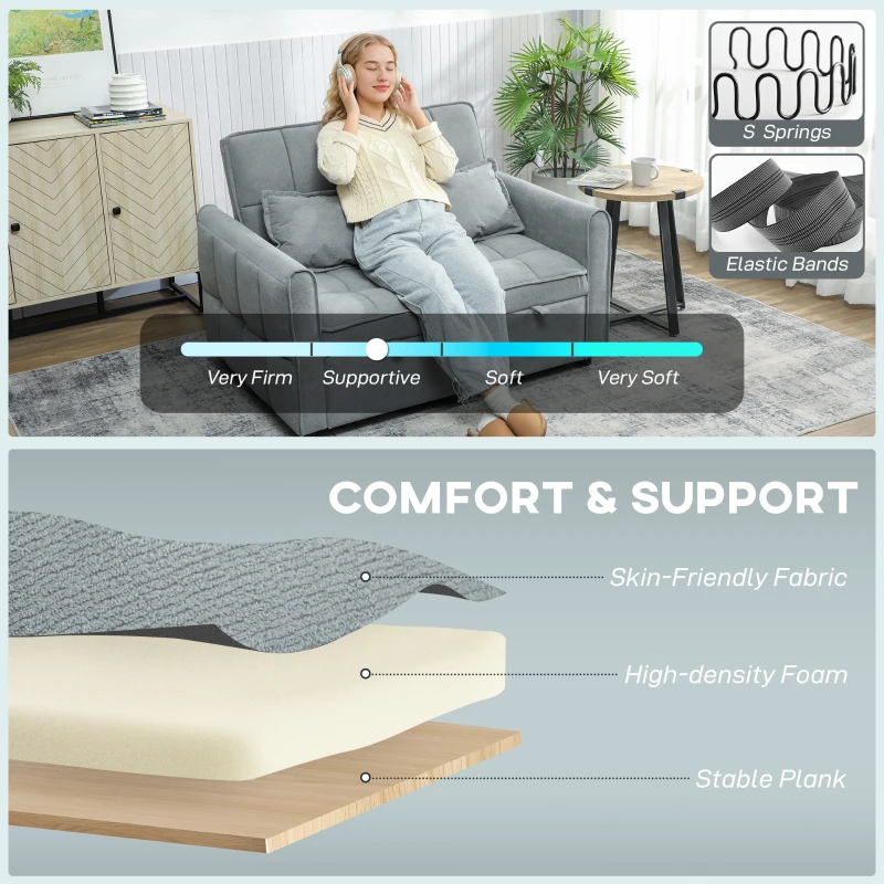 HOMCOM 2 Seater Sofa Bed, 3-in-1 Convertible Sleeper Sofa with Click-clack Adjustable Backrest and 2 Pillows, Grey