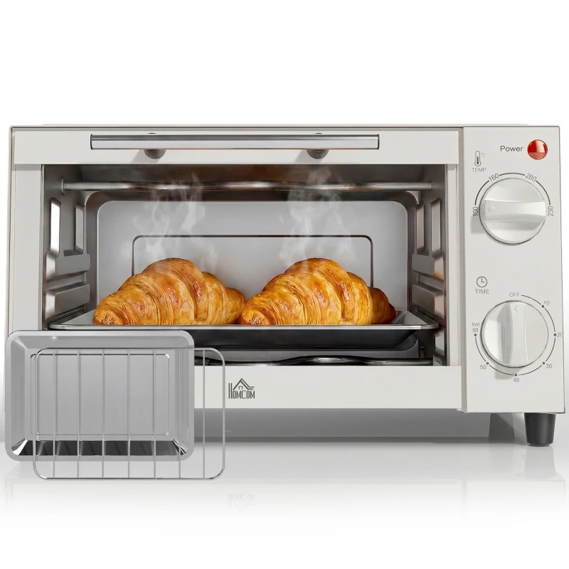 HOMCOM Minibackofen, 9 L Mini-Ofen mit Backblech, Grillrost, mit einstellbarer Temperatur und Garzeit, Edelstahl, Cremeweiß(m-11)