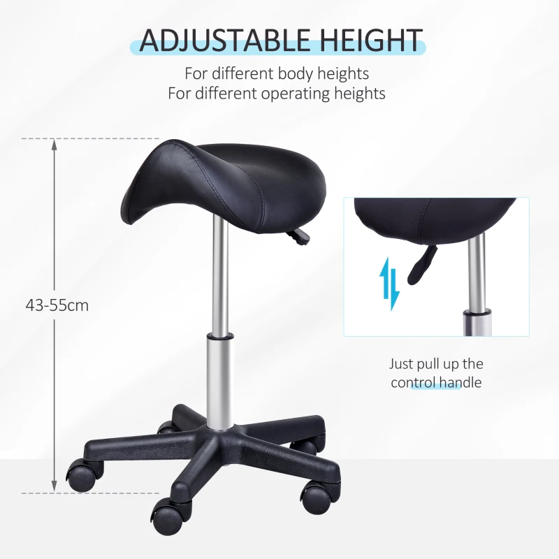 HOMCOM Saddle Stool, PU Leather Adjustable Rolling Salon Chair with Steel Frame for Massage, Spa, Beauty and Tattoo, Black