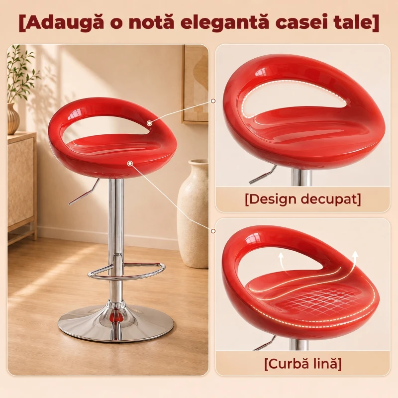 HOMCOM Set 2 Scaune de Bar Rotative cu Suport pentru Picioare, Înălțime Reglabilă, Bază din Oțel, Șezut din ABS, Roșu