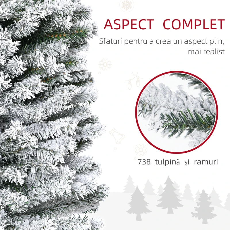 HOMCOM Brad de Crăciun artificial cu zăpadă din PP verde, 738 ramuri ignifuge și bază din oțel inoxidabil, Ø68x225 cm