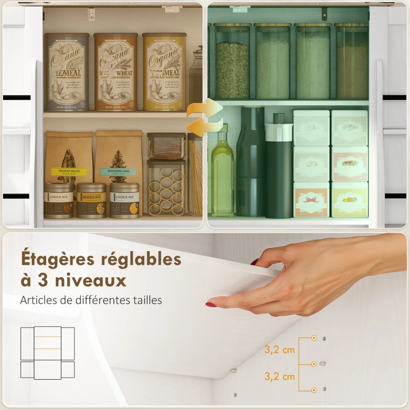 HOMCOM Buffet de cuisine, armoire de cuisine avec 4 portes, 6 porte-épices et étagères réglables, 76,3 x 40 x 136 cm, blanc