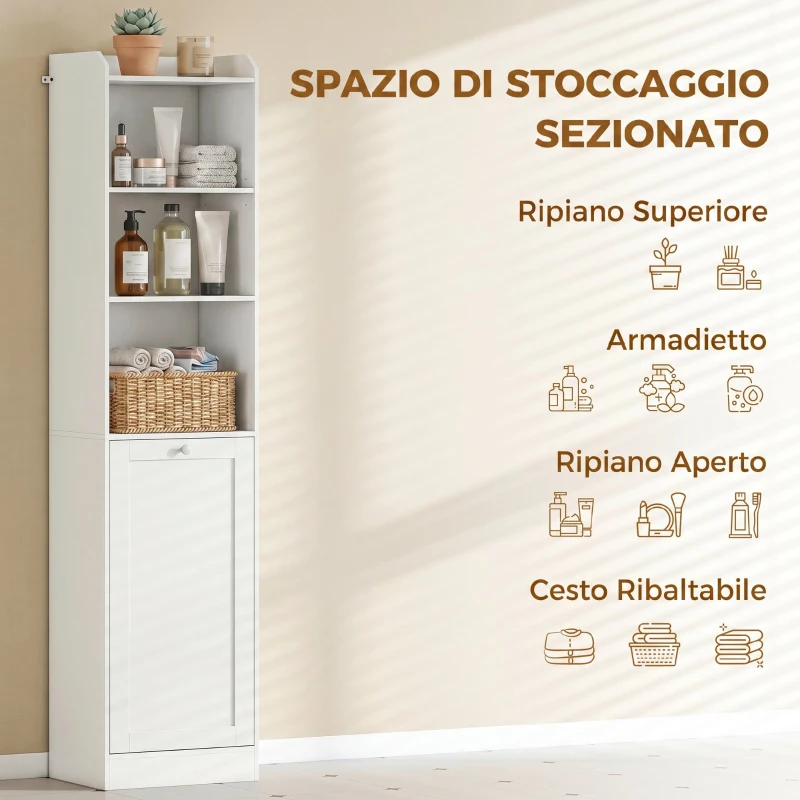 HOMCOM Mobile Bagno Alto con Cesto a Ribalta e Mensole, 40x30x170 cm, Bianco