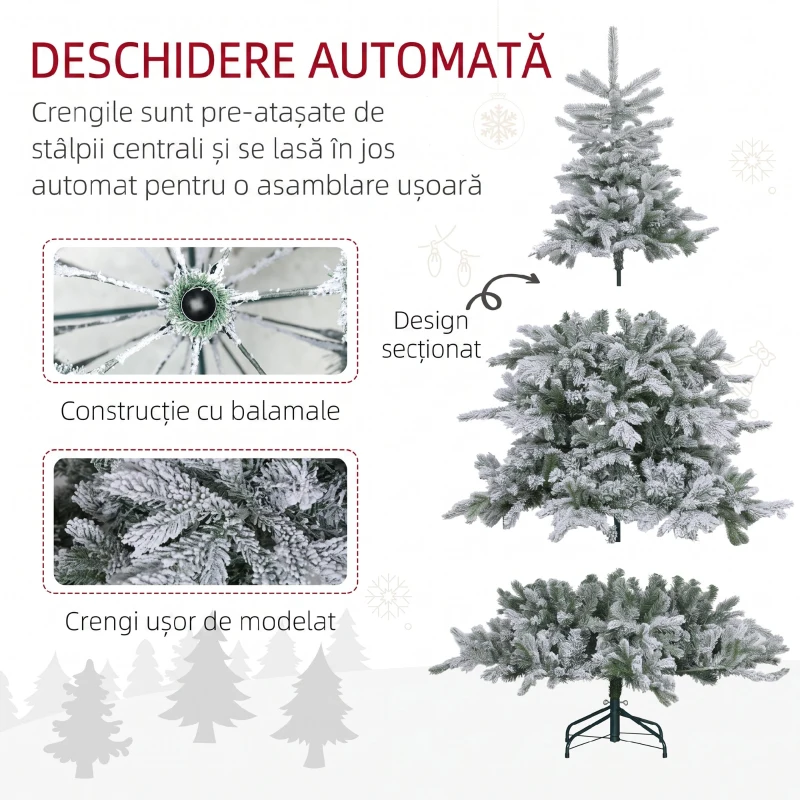 HOMCOM Pom de Crăciun Înzăpezit cu 1321 de Ramuri Ignifuge, din Plastic și Metal, Ø115x180 cm, Verde