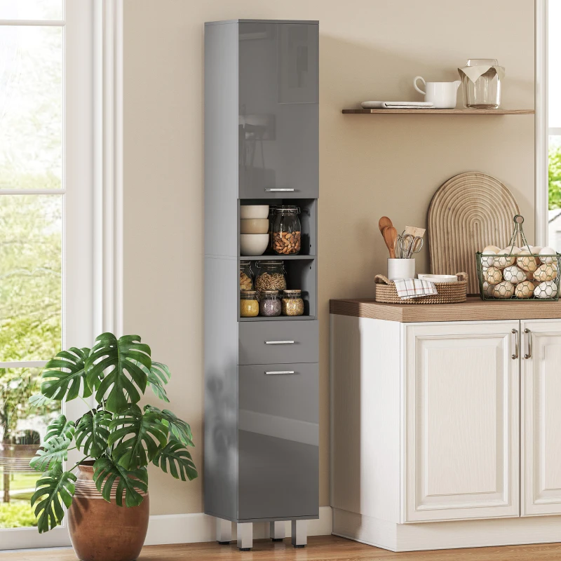 kleankin Badezimmerschrank, Badkommode, mit Regalen und Schublade, verstellbar, Grau
