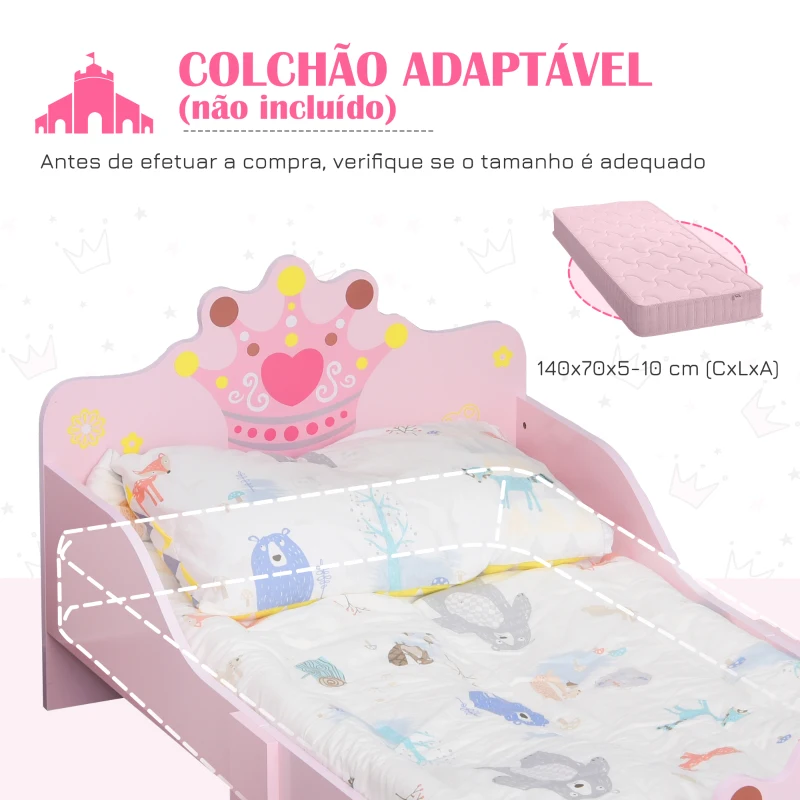 HOMCOM Cama Infantil +3 Anos 143x73x60 cm com Estampado Coroa Carga 50 kg para Quarto Rosa