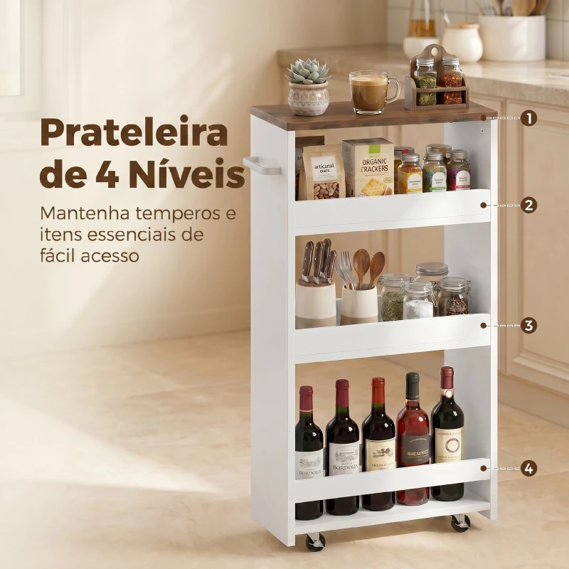 HOMCOM Carrinho de Cozinha Estreito de 3 Níveis com Rodas para Espaços Reduzidos, Sala de Jantar ou Sala, Branco