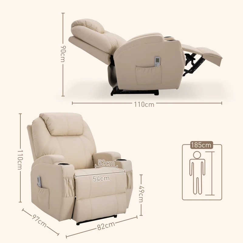 HOMCOM Fernsehsessel Elektrisch Relaxsessel mit Liegefunktion Aufstehhilfe Massage Massagesessel mit verstellbar Rückenlehne Seitentasche Getränkehalter TV Sessel bis 160kg für Wohnzimmer Cremeweiß