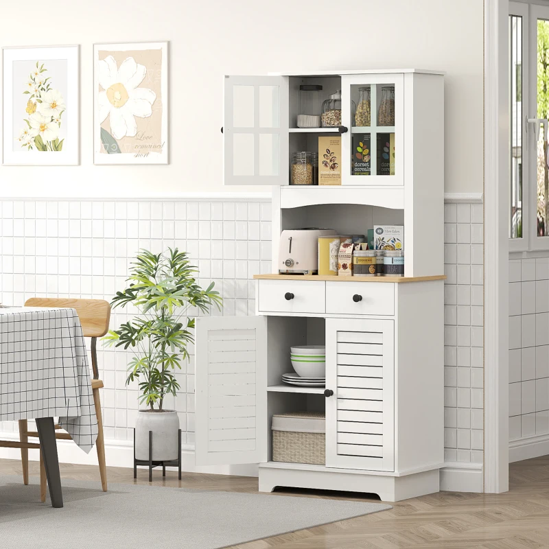 HOMCOM Küchenschrank mit Glastüren, 2 Schubladen, Geschirrschrank, Esszimmerschrank, Holz, 68 x 39,5 x 170 cm, Weiß(m-10)