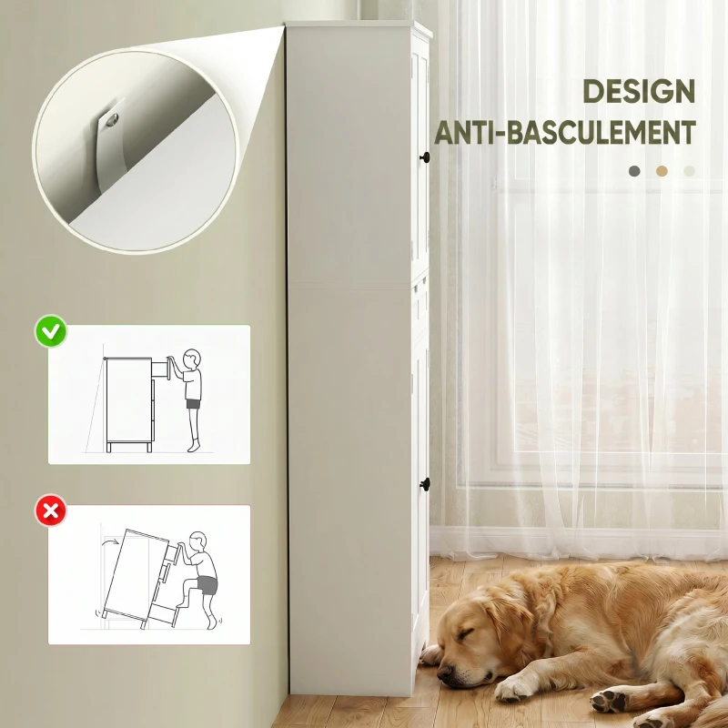 HOMCOM Meuble de salle de bain, meuble de rangement avec tiroir et 4 portes, style moderne, 60 x 30 x 160 cm, blanc