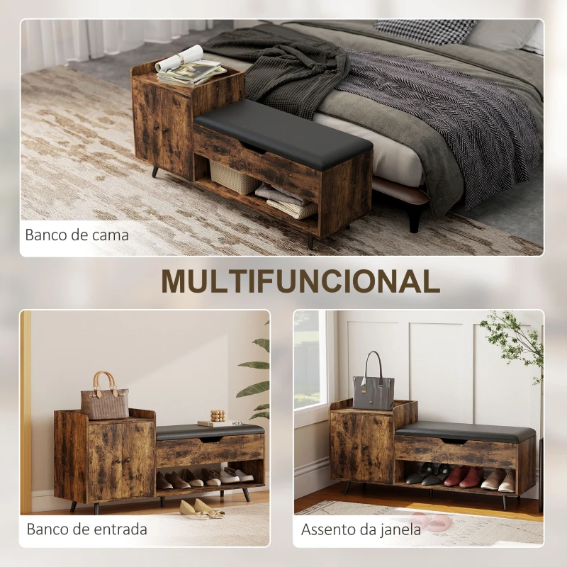 HOMCOM Banco Sapateira com Assento Acolchoado Compartimento Oculto para 3 Pares de Sapatos 127x35x59 cm Castanho Rústico