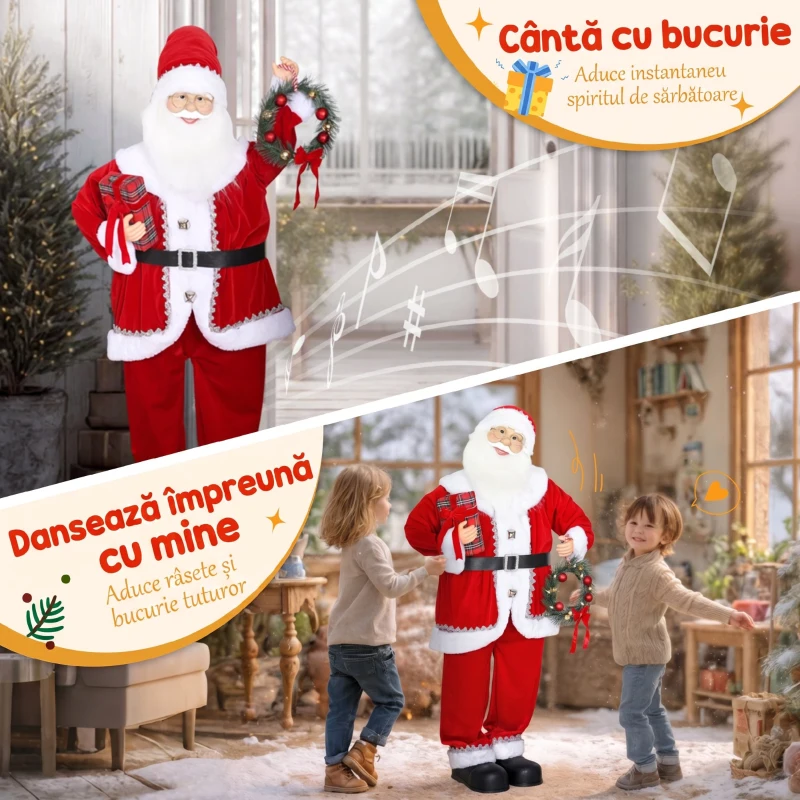 HOMCOM Moș Crăciun Animat Înalt de 120 cm Cântăreț și Dansator pe Baterii, Activare prin Sunet, Costum Roșu