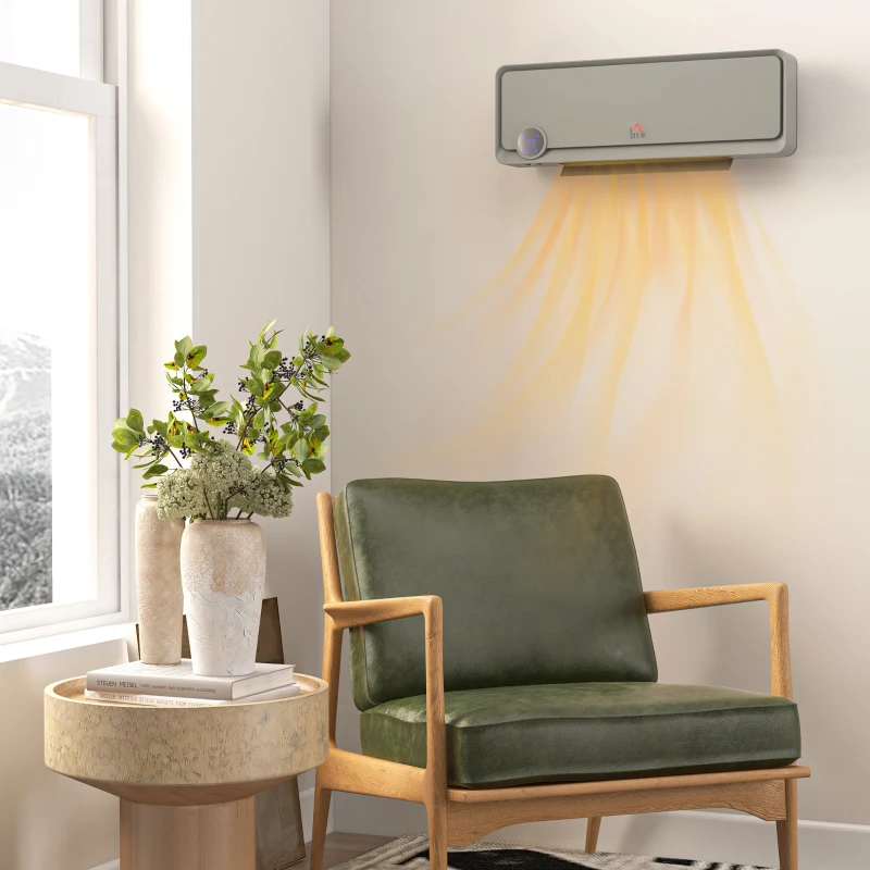 HOMCOM Wall Downflow Heater 2 Heat and Fan 1000W/2000W, Electric Space Heater with Timer Remote Oscillating, for Bedroom Home Office, Grey