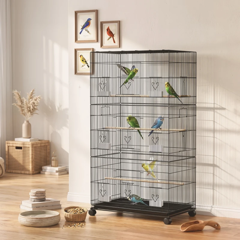 PawHut Gaiola Grande para Pássaros com Rodas, 6 Comedouros, Tabuleiro Amovível, Várias Portas, 3 Poleiros, 77x46,5x141 cm, Preta