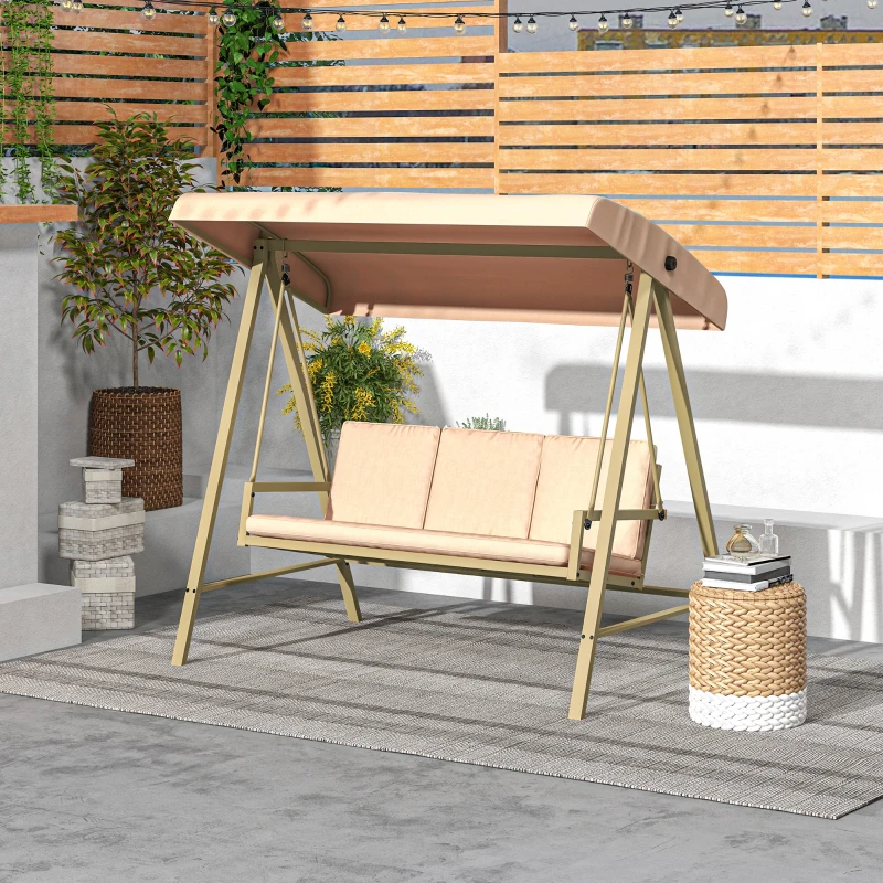 Outsunny Dondolo 3 Posti con Tettuccio Inclinabile e Cuscini, in Acciaio e Textilene, 200x125x175 cm, Beige e Marrone