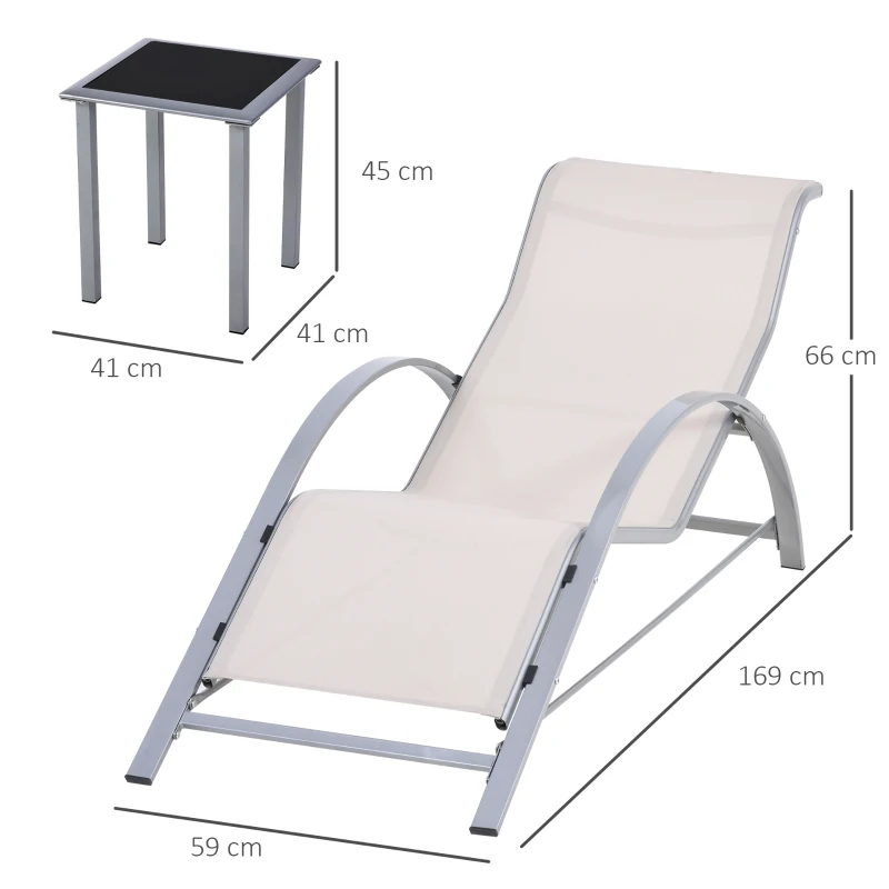 Outsunny Set de 2 Șezlonguri și Măsuță cu Blat din Sticlă, 59x169x66 cm, Crem