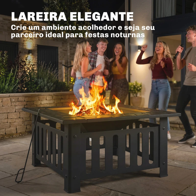 Outsunny Fogareiro Exterior Quadrado em Aço, 67x67x47 cm, com Atiçador e Tampa de Malha, para Festas, Preto