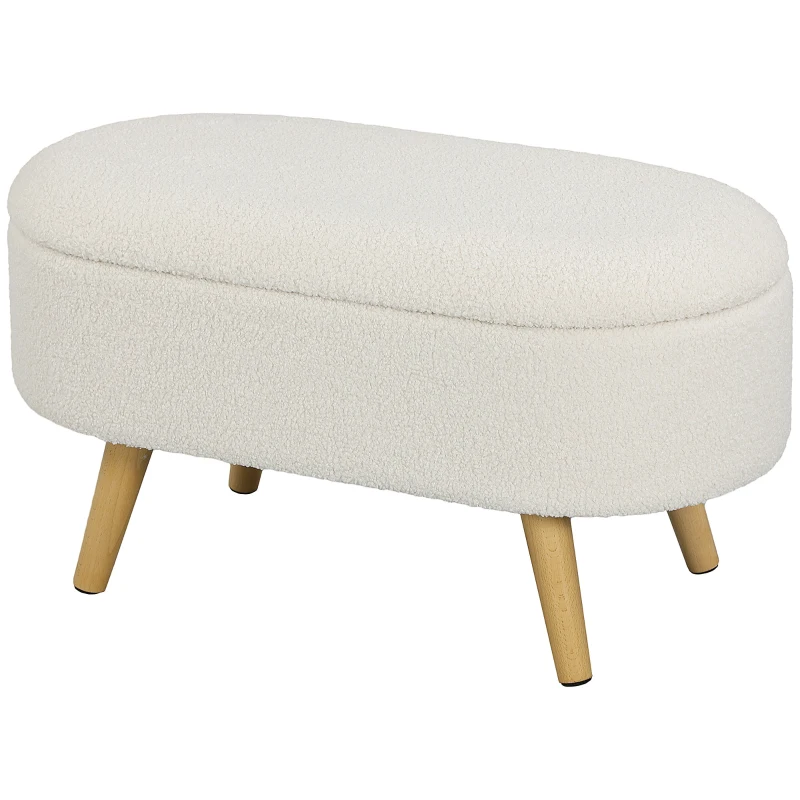 HOMCOM Banc de Rangement, Bout de Lit Rembourré en Peluche Teddy avec Couvercle et Pieds en Bois, 82 x 41 x 45 cm, Blanc(m-8)