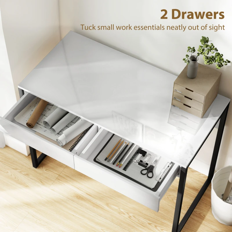 HOMCOM High Gloss Work Table, with Drawers - White