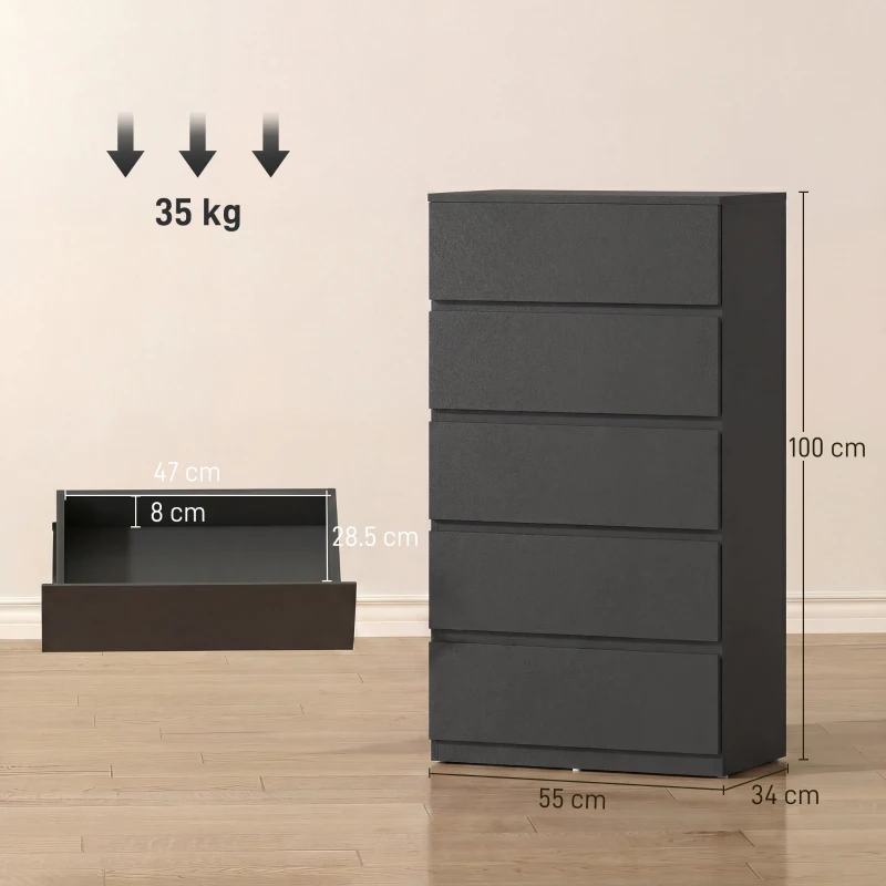 HOMCOM Chest of Drawers, 5-Drawer Storage Cabinets, Modern Dresser, Storage Drawer Unit for Bedroom