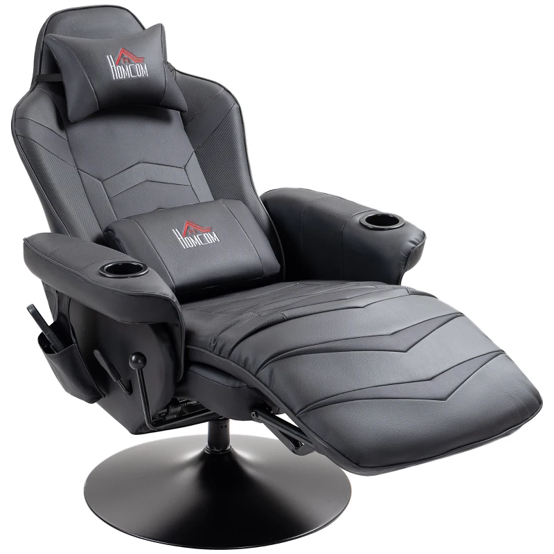 HOMCOM Gamingsessel, Massagefunktion, neigbare Lehne, Fußstütze, bis 120 kg, Stahlrahmen, Kunstleder, Schwarz(m-11)