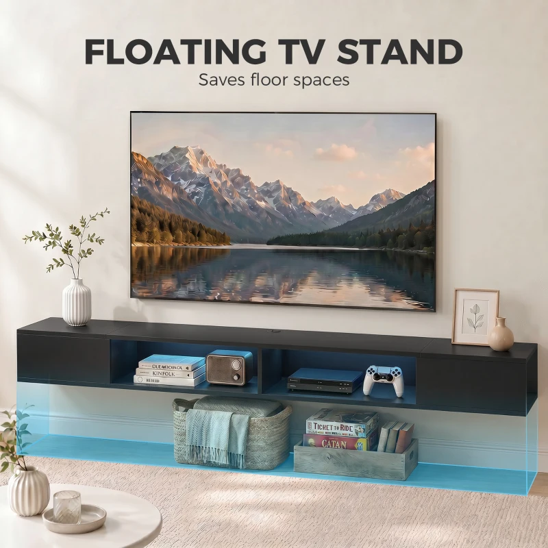 HOMCOM Wall Mounted TV Stand with RGB LED Lights, Floating Entertainment Centre for 75 Inch TV, Black