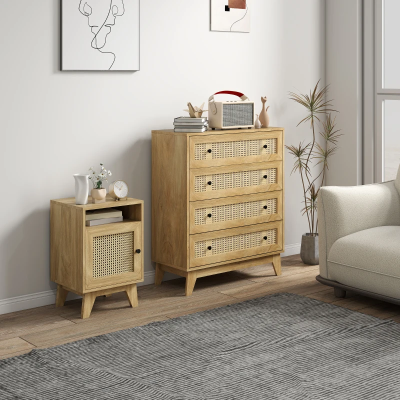 HOMCOM Chest of Drawer with 4 Rattan Drawers, Beside Table with Door, Natural