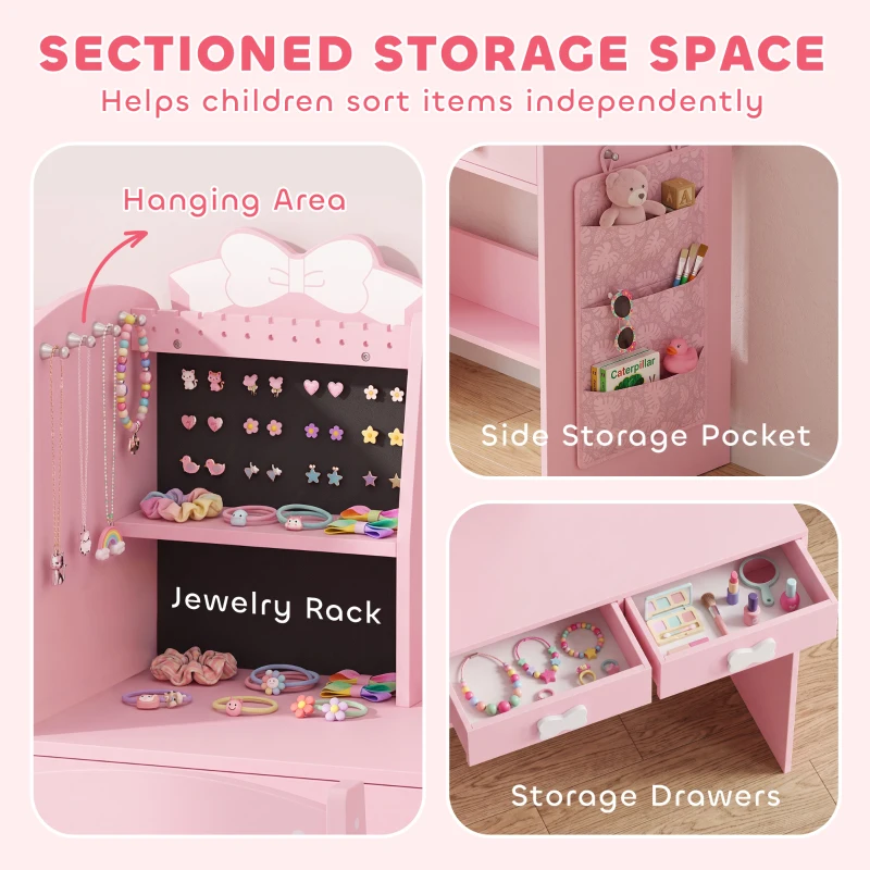 AIYAPLAY Kids Dressing Table, 3-in-1 Girls Vanity Set with Stool, 2-Colour Lights Mirror, Clothes Rack for Ages 3-8, Pink