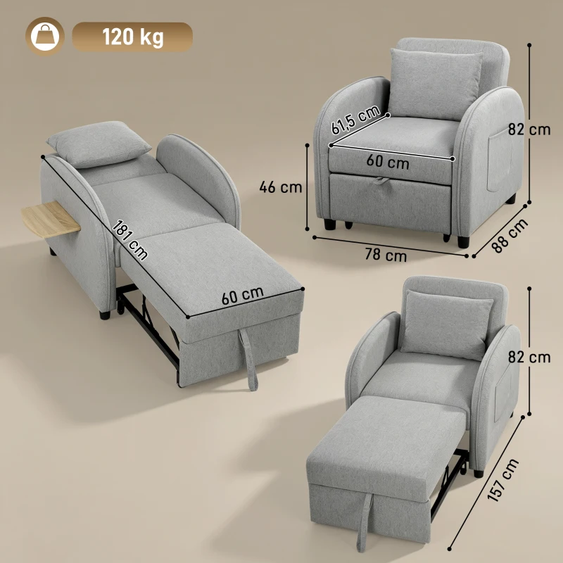 HOMCOM Cadeirão-Cama Convertível 3 em 1, Sofá-Cama Individual com Mesa Lateral Rebatível e Encosto Ajustável, Cinzento