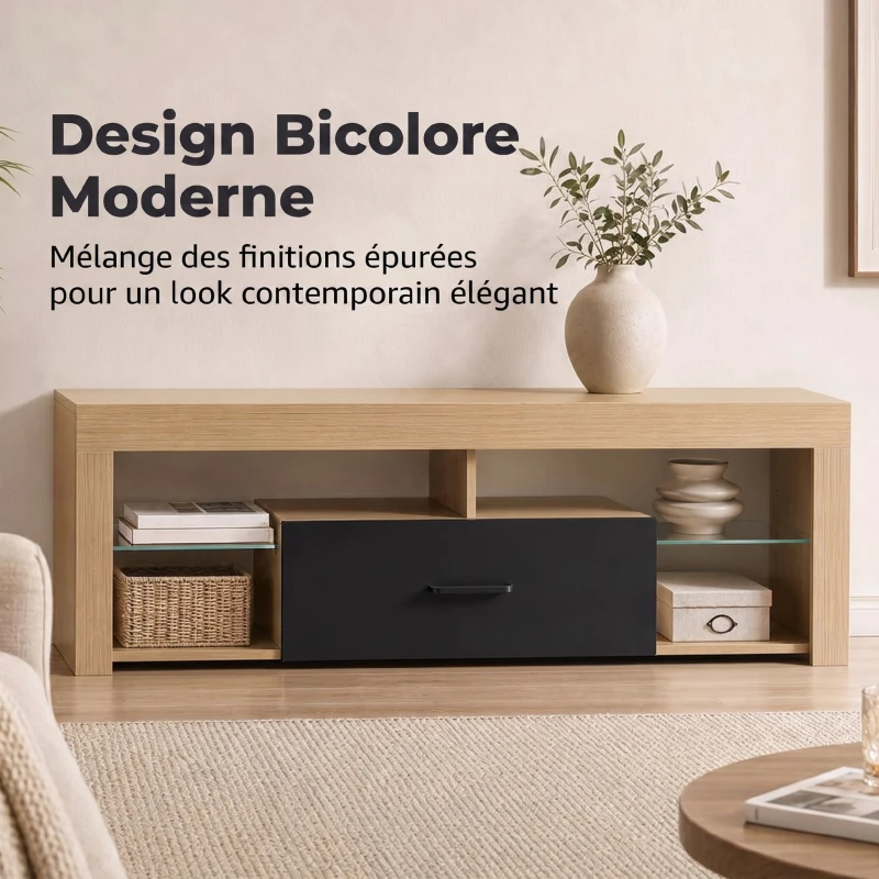 HOMCOM Meuble TV 140 cm, Meuble Télé pour 65 Pouces avec Étagères en Verre Réglables, Tiroir et Compartiments Ouverts, Chêne