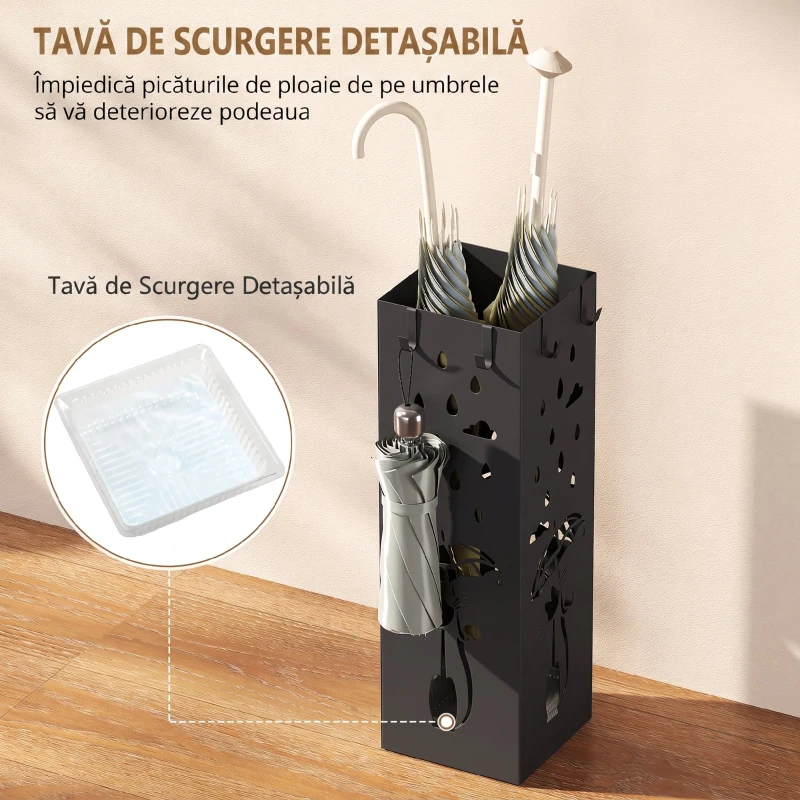 HOMCOM Suport de Umbrele Pătrat din Metal pentru Intrare, Suport Autoportant cu Tavă Detașabilă și 4 Cârlige, pentru Interior și Exterior, 15.5x15.5x49 cm, Negru