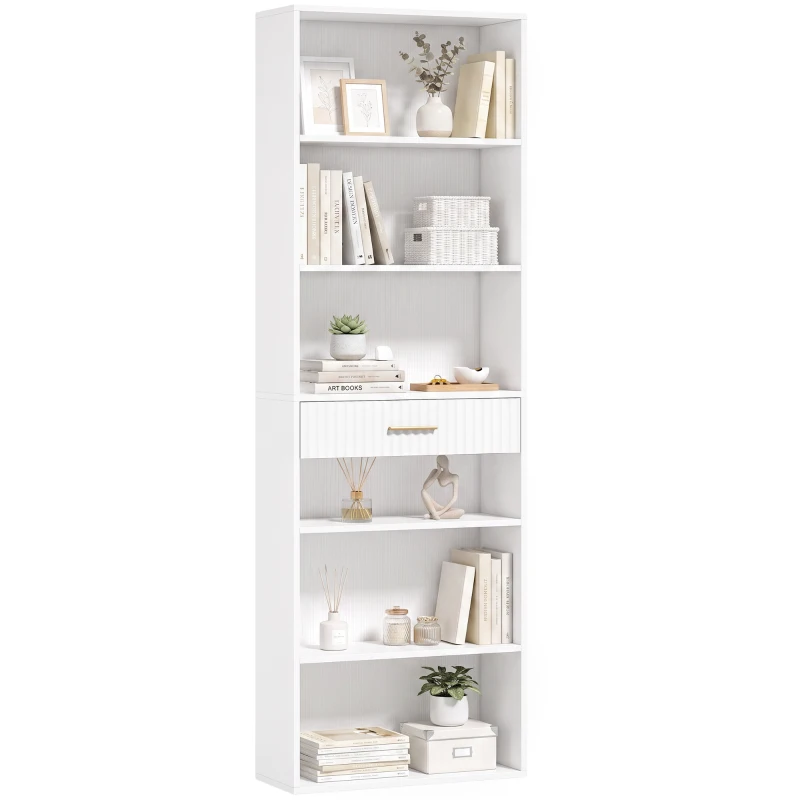 HOMCOM Bibliotecă verticală înaltă cu 7 polițe, 6 cuburi și sertar din lemn, 60x24x182 cm, Alb
